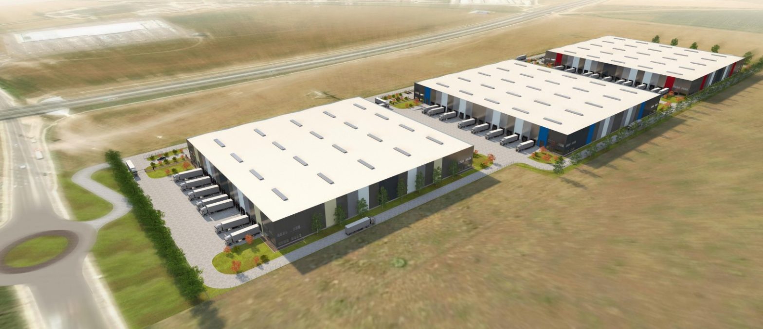 Randare 3D reprezentand trei dintre depozitele parcului industrial VGP Park Sibiu