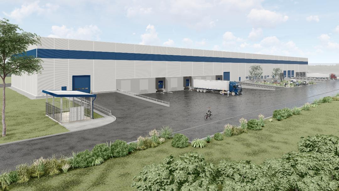 Randare reprezentand o cladire din parcul industrial Logistic Park SA Constanta, vedere din exterior.