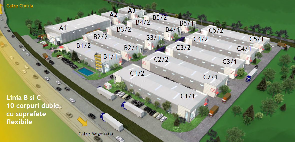 Randare 3D a parcului logistic Recon Mogosoaia 2, avand specificare numerele cladirilor