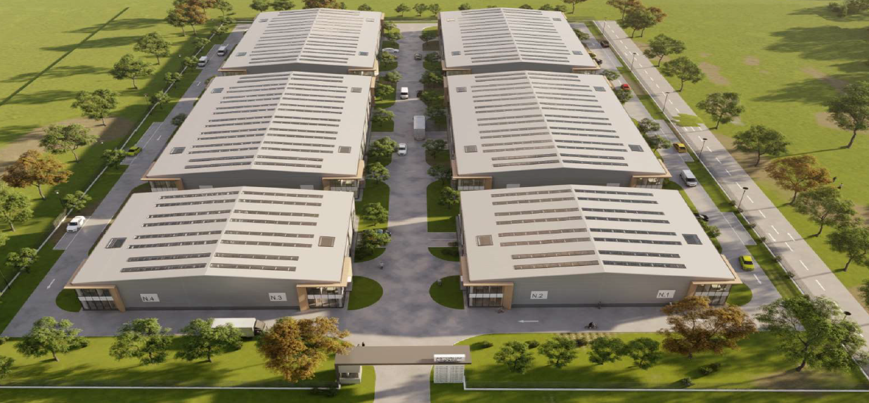 Randare 3D a Astorium Logistic reprezentand 6 cladiri de tip depozit sau hala industriala